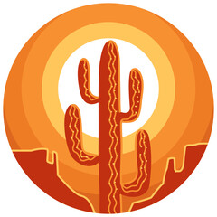 Fototapeta premium American desert round emblem. Vector desert landscape illustration with cactus and yellow sun. Arizona desert mountain design