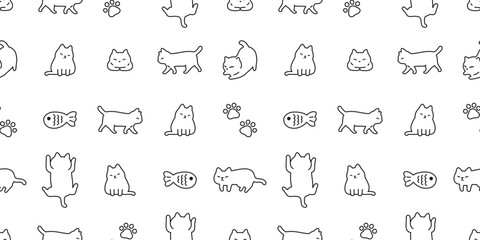 cat seamless pattern white kitten paw calico footprint neko vector cartoon character breed pet climb walking sleeping fish gift wrapping paper tile background repeat wallpaper animal doodle illustrati