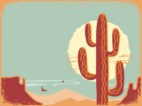 American desert poster. Vector desert landscape illustration with cactus and yellow sun. Arizona desert mountain design