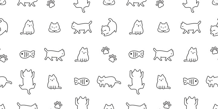cat seamless pattern white kitten paw calico footprint neko vector cartoon character breed pet climb walking sleeping fish gift wrapping paper tile background repeat wallpaper animal doodle illustrati