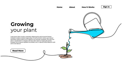 Growing plant continuous one line drawing. Landing page template of watering plants. Sprout grow symbol of environment protection. © ngupakarti