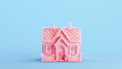 Pink gingerbread house cake decorated soft gen z kitsch blue background 3d illustration render digital rendering - obrazy, fototapety, plakaty