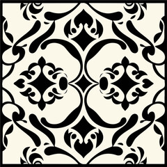 Sophisticated black and white pattern set against a pristine white background, featuring an elegant damask design. The intricate and ornate baroque motifs exude a sense of timeless beauty.