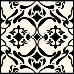 Fototapeta premium Sophisticated black and white pattern set against a pristine white background, featuring an elegant damask design. The intricate and ornate baroque motifs exude a sense of timeless beauty.