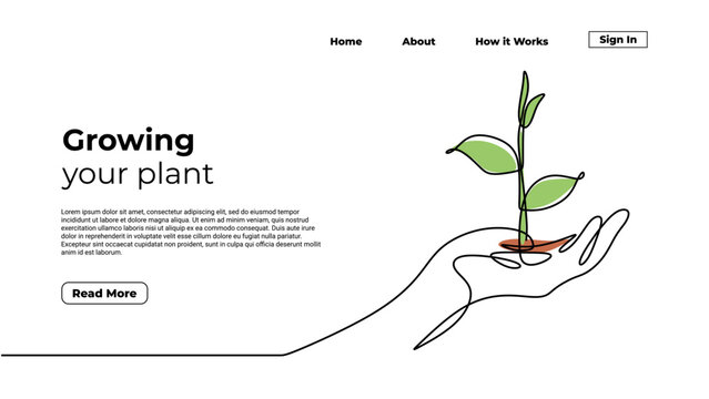 Growing plant continuous one line drawing. Landing page template of hand holding plants. Sprout grow symbol of environment protection.