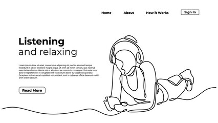 Continuous line drawing woman listen to music. Landing page template of relaxation and entertainment.