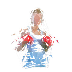 Boxing, female boxer, isolated low polygonal vector illustration, geometric drawing from triangles, front view