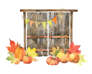 Autumn harvest of pumpkins and maple leaves, Thanksgiving wooden barn doors, watercolor illustration