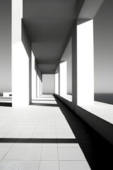 Stunning minimalist architectural design of an outdoor corridor embodying simplicity, minimalism, clean lines, harmony, and modernity, photographed during a calm afternoon. Generative AI.