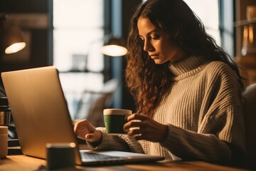 Attractive young woman using laptop and drinking coffee at home. smart working concept. generative AI