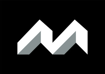 M logo 3d geometric icon design, vector illustration 3 minimalist letter. Isometric black and white colors.