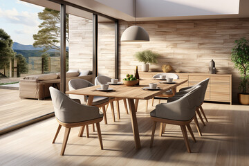 Interior design of modern dining room, dining table and wooden chairs. 3d rendering, generative AI