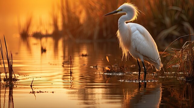 Professional photography of an egret, in the golden