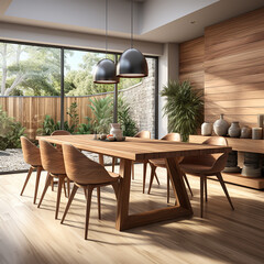 Interior design of modern dining room, dining table and wooden chairs. 3d rendering, generative AI