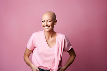 Studio portrait of a happy cancer patient against a pink background
