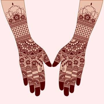 Henna mehndi mehendi mahendi design on two hands indian arabic asian culture vector illustration EPS