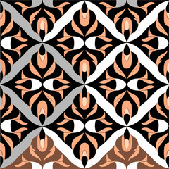 Striking combination of black and white background adorned with an intricate orange art nouveau pattern. The seamless design blends elements of art deco, resulting in a visually stunning.