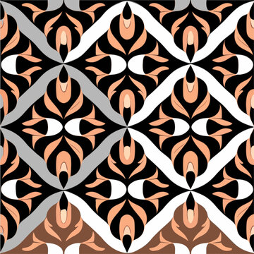 Striking combination of black and white background adorned with an intricate orange art nouveau pattern. The seamless design blends elements of art deco, resulting in a visually stunning.