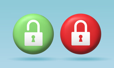 3d buttons lock unlock. Concept design red green button open closed.