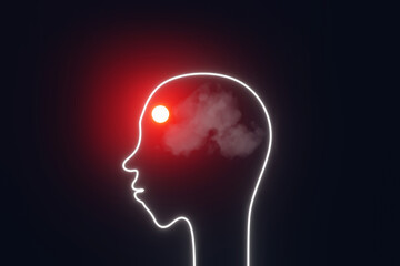 Headache Migraine Human head silhouette with clouds instead of brain 3d render creative art. Mental health Patient suffering from severe pain High blood pressure Hypertension Fatigue Emotional stress.