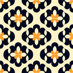 Seamless pattern design featuring a black and orange flower motif on a white background, reminiscent of art deco style. Ideal for fabric and textile prints.