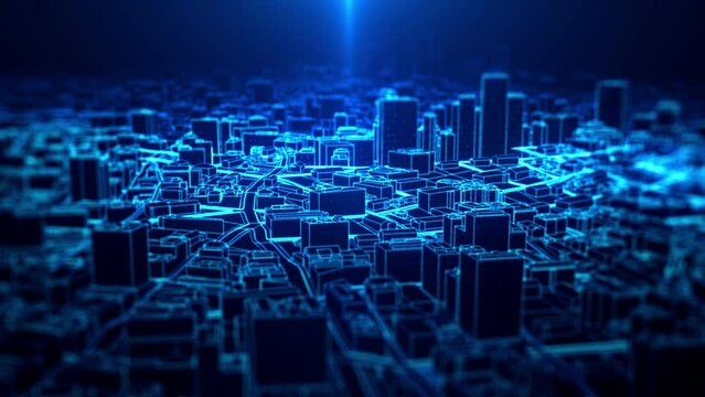 City light background looped with city infographic digital concept camera fly