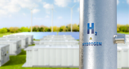 Hydrogen pipeline with green field and blue sky background