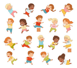 Cute Kids Running and Rushing Away at Full Speed Stumbling Big Vector Set