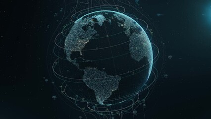 Animated digital grid and lines over rotating 3D big data Earth globe. Worldwide 5G communications signal transfer. Global internet network connection. Modern technologies and digitalization concept.