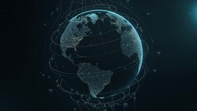 Animated digital grid and lines over rotating 3D big data Earth globe. Worldwide 5G communications signal transfer. Global internet network connection. Modern technologies and digitalization concept.
