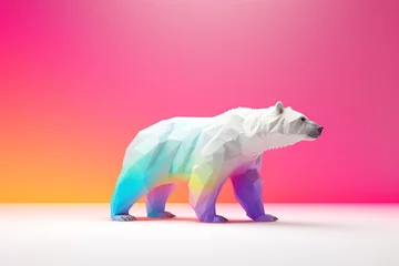 Foto op Plexiglas Bright colourful polar bear paper art on pink minimalistic background, copy space, banner. AI generated © Valery