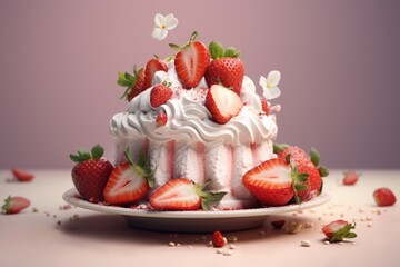 Japanese cake with strawberries and whipped cream on minimalistic pink background. AI generated
