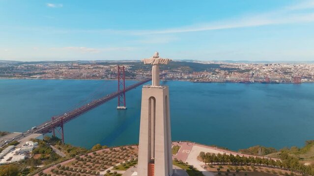 Aerial view of Cristo Rei and Ponte 25 Abril in Lisbon, Portugal