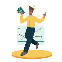 Adult man holding money and celebrating success at work. Time for reaching job goal. Increasing capital and profits when working. Vector flat illustration in blue and yellow colors