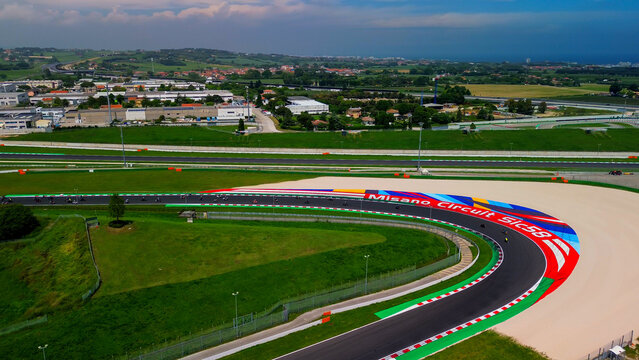 driving school. aerial view of a race track open for motorcycle training. drone footage. A group of motorcyclists. Moto sport. Italy Misano 20.07.2023