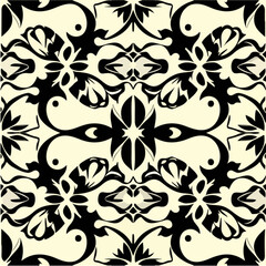 Elegant black and white floral design gracefully adorns a white background, capturing the essence of art nouveau with its dark flowers and damask inspired pattern.