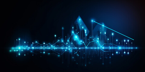 business arrow up growth line circuit technology on dark blue background.