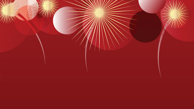 Happy Chinese New Year luxury style background vector. Golden geometric shapes, firework, Chinese and Japanese pattern on red wallpaper. Oriental design for backdrop, card, poster, advertising.