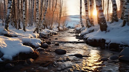 Stunning photography of a frozen birch forest next to a rocky creek