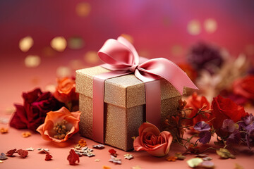 Close up view with trendy gift box and ribbon, colorful fresh flowers and romantic atmosphere