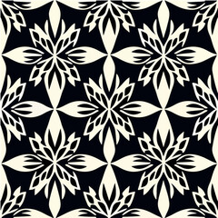 Captivating black and white pattern enriched with delicate white flowers, showcasing a dark flower motif reminiscent of traditional aizome patterns. The design forms a repeating fabric pattern.