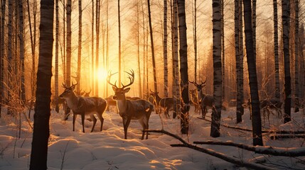 Stunning photography of a herd of deers in frozen Paper birch forest