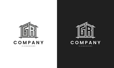 Initial GR home logo with creative house element in line art style vector design template