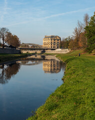 Fototapeta na wymiar Ostravice river with Most Milose Sykory above in Ostrava city in Czech republic