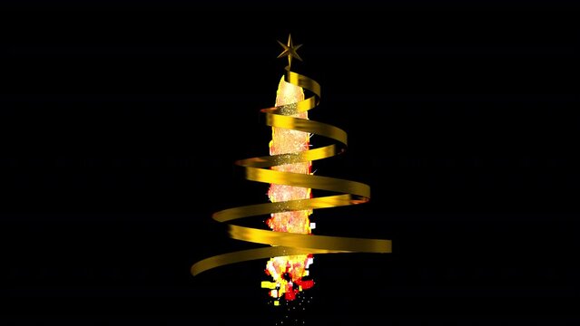 Golden ribbon christmas tree backgrounds looped with alpha for decoration on your Christmas