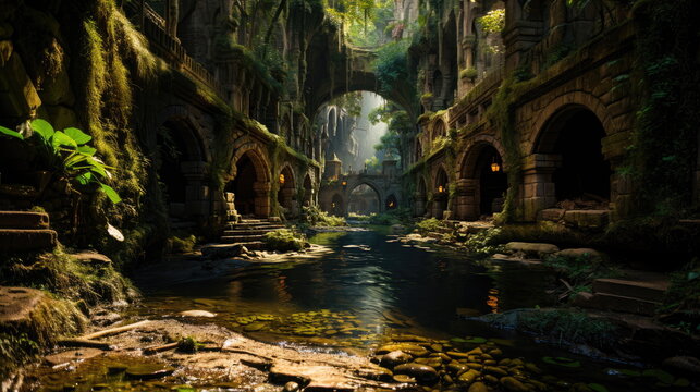 Underground city under lush jungle, connected by water channel. Ruins of an ancient civilization in tropics jungle