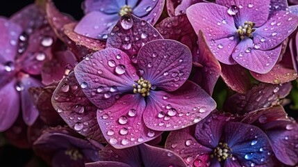 Purple Hydrangeas flowers with water drops background. Closeup of blossom with glistening droplets. Generative AI
