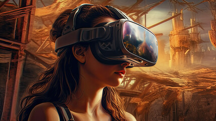 girl wearing virtual reality goggles. Virtual Sensations, Exploring the Boundaries of Reality.