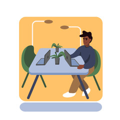 American male working on laptop in modern open space. Concept of and digital technologies. Modern coworking space. Vector flat illustration in blue and yellow colors