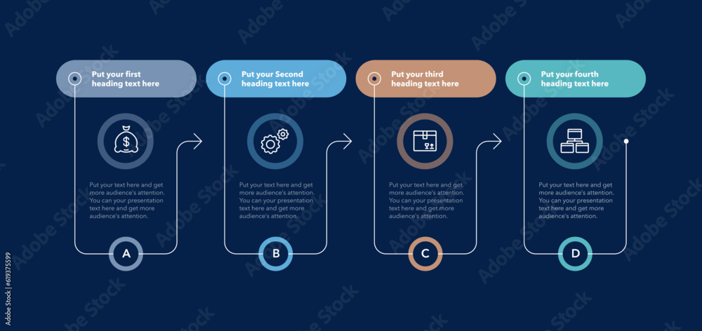 Poster Horizontal process infographic template with four options - dark version. Flat presentation diagram with thin lines and minimalistic icons.